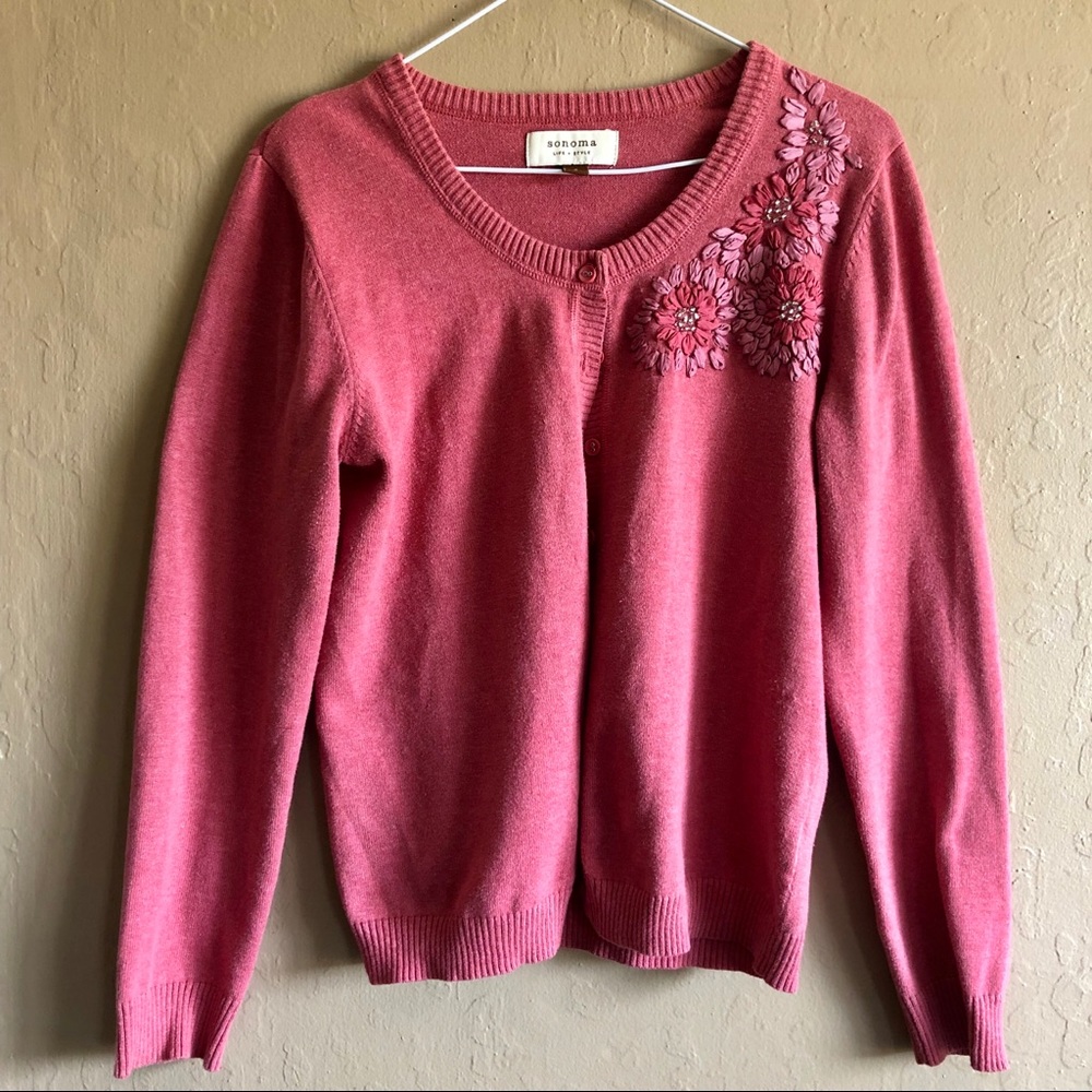 Pink Floral Beaded Sweater